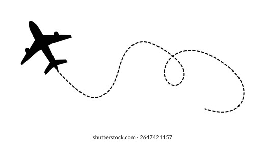 Airplane with dotted line route. flying plane with twisted, curved and straight dashed trace path. transparent png and vector illustration in eps 10.