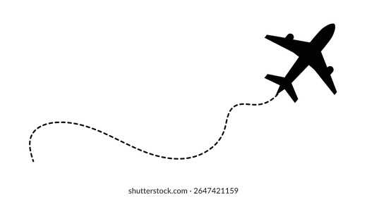 Avião com rota de linha pontilhada. avião voador com traçado torcido, curvo e tracejado reto. png transparente e ilustração vetorial em eps 10.