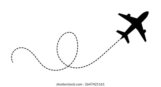 Avião com rota de linha pontilhada. avião voador com traçado torcido, curvo e tracejado reto. png transparente e ilustração vetorial em eps 10.