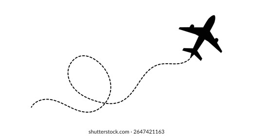 Airplane with dotted line route. flying plane with twisted, curved and straight dashed trace path. transparent png and vector illustration in eps 10.