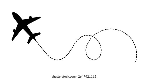 Avião com rota de linha pontilhada. avião voador com traçado torcido, curvo e tracejado reto. png transparente e ilustração vetorial em eps 10.
