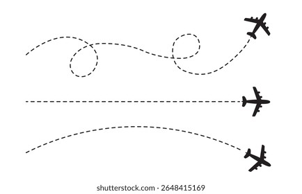 Airplane with dotted line route. flying plane with twisted, curved and straight dashed trace path. transparent png and vector illustration. Vector illustration eps file.