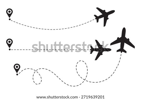 Airplane with dotted line route. flying plane with twisted, curved and straight dashed trace path. vector illustration