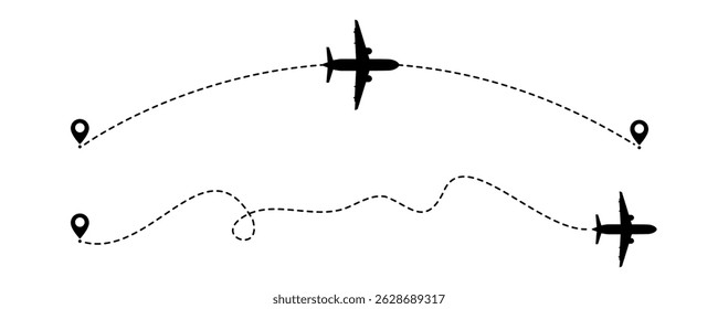Airplane dotted line route from the starting point vector design set. Travel with an airplane dotted line path. Heart route, going, curved, location, airplane route set transparent PNG background.