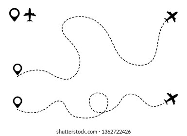 Airplane is in a dotted line. Tourism and travel. The waypoint is for a tourist trip. and his track on a white background. Vector illustration