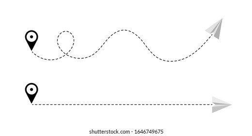 Airplane is in a dotted line. Tourism and travel. The waypoint is for a tourist trip. and his track on a white background. Vector illustration. 