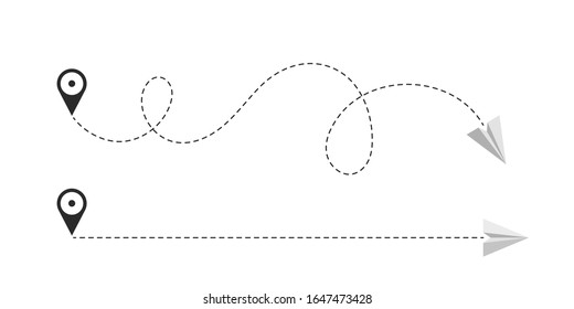 Airplane is in a dotted line. Tourism and travel. The waypoint is for a tourist trip. and his track on a white background. Vector illustration. 
