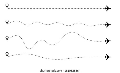 Airplane is in a dotted line. Tourism and travel. The waypoint is for a tourist trip. Vector illustration.