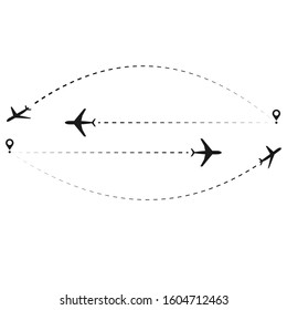 Airplane with a dotted line. Waypoint designed for tourist flight. Vector illustration on a white background. Tourism and travel.
