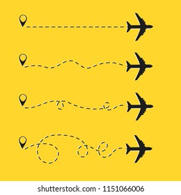 Airplane is in a dotted line. The waypoint is for a tourist trip. Vector illustration on a yellow background. Tourism and travel.