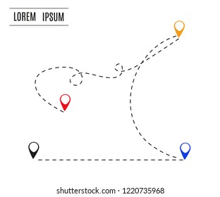 Airplane is in a dotted line. The waypoint is for a tourist trip. Vector illustration on a white background. Tourism and travel.