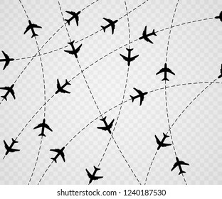 Airplane is in a dotted line. The waypoint is for a tourist trip. Vector illustration on a white background. Tourism and travel.