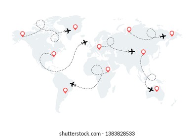 Airplane is in a dotted line. World map. Tourism and travel. The waypoint is for a tourist trip. and his track on a white background. Vector illustration