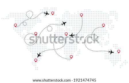 Airplane is in dotted line. World map. World map of airline airplane flight path travel plans. Tourism and travel. Vector illustration in flat style.