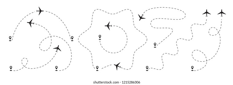 Airplane dotted path, aircraft tracking, trace or road vector illustration. Plane track to point, line way, air lines collection