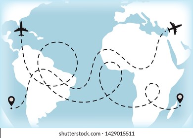 Airplane Dotted Path, Aircraft Tracking, Trace Or Road Vector Illustration For Infographic Design. Plane Track To Point With Dashed Line Way Or Air Lines On Map Background