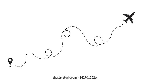 Airplane dotted path, aircraft tracking, trace or road vector illustration for infographic design. Plane track to point with dashed line way or air lines on white background