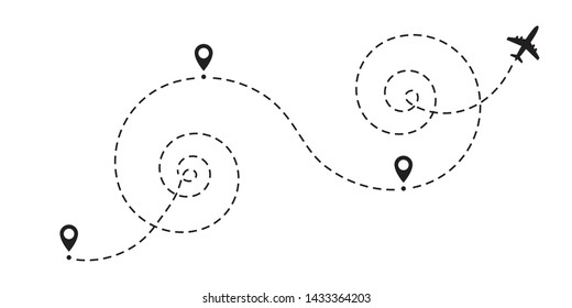Airplane dotted path, aircraft tracking, trace or road vector illustration for infographic design. Plane track to point with dashed line way or air lines on white background