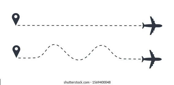 Airplane dotted path, aircraft tracking, trace or road vector illustration for infographic design. Plane track to point with dashed line way or air lines on white background
