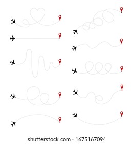 Ruta de acceso punteada del avión, seguimiento de aeronaves, seguimiento o ilustración del vector de carretera.
Aviones y pines símbolos vectores. Ruta de movimiento del avión, ilustración de ruta de silueta del avión