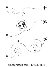 Airplane dotted path, aircraft tracking, trace or road vector illustration for infographic design. Plane track to point with dashed line way or air lines on white background