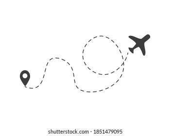 Ruta de acceso punteada del avión, rastreo de aeronaves, seguimiento o ilustración de vectores de carreteras para diseño infográfico. Ruta de vuelo a punto con línea discontinua o líneas aéreas sobre fondo blanco