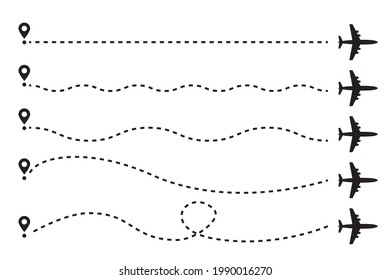 Airplane dotted path, aircraft tracking, trace or road vector illustration for infographic design. Plane track to point with dashed line way or air lines on white background