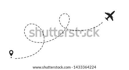 Airplane dotted path, aircraft tracking, trace or road vector illustration for infographic design. Plane track to point with dashed line way or air lines on white background