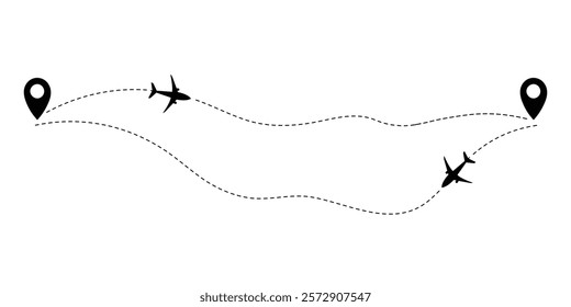 Airplane and dotted path illustration for round trip travel visuals. Great for tourism, navigation, and travel-themed graphic projects.
