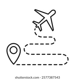 Airplane with Dotted Path Line Icon - Flight Route Navigation for Travel, Journey, and Tourism Concepts. Perfect for Logistics, Aviation, Airline, and Vacation-Themed Designs.