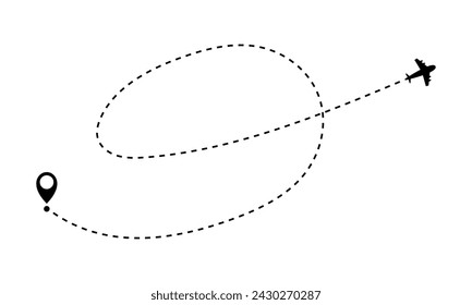 Airplane with dotted path. Plane with line path or route.