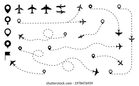 Airplane Dotted Path Set. Aircraft Route Dotted Line. Airplanes, Map Pointers And Location Pins. Route Airline Trajectory. Plane Travel From Start Point. Airplane Flight Route Dotted.