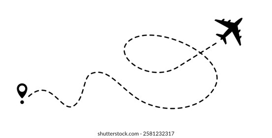 Airplane Dotted Route Line, Dashed Path from Starting Point to Destination. Vector Illustration.