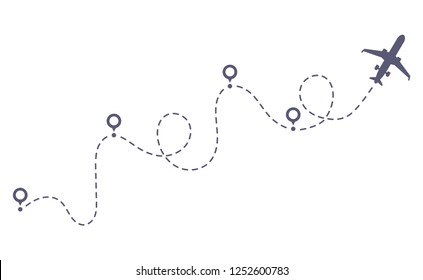 Airplane dotted route line. Flight tourism route path, plane flights itinerary starting pin to destination point or pathway map. Dashed airplane flights start track vector illustration