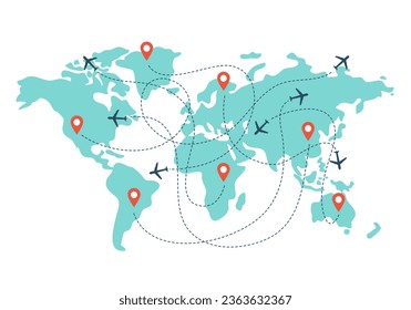 Airplane dotted route line. Flight tourism route path, plane flights itinerary starting pin to destination point or pathway map. Dashed airplane flights start track vector illustration.