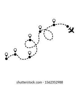 Airplane dotted route line icon. Plane flights itinerary starting pin to destination point or pathway map. 