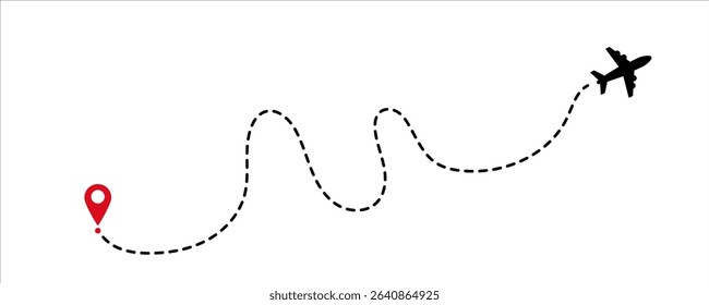 Airplane dotted route line icon. Path travel line shapes. Flight route with start point and dash line trace for plane