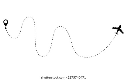 Airplane dotted route line. Path travel line shape. Flight route with start point and dash line trace for plane isolated vector illustration