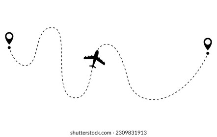 Línea de ruta de puntos del avión. Forma de la línea de viaje de la ruta. Ruta de vuelo con punto de inicio y trazos de línea de guion para ilustración vectorial aislada de plano