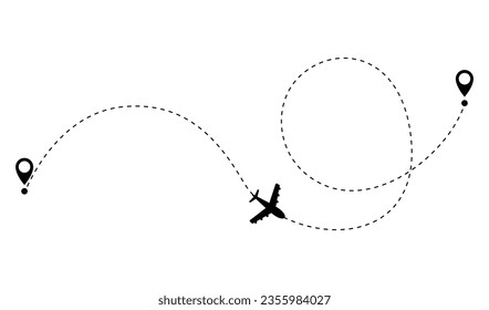 Airplane dotted route line. Path travel line shape. Flight route with start point and dash line trace for plane isolated vector illustration