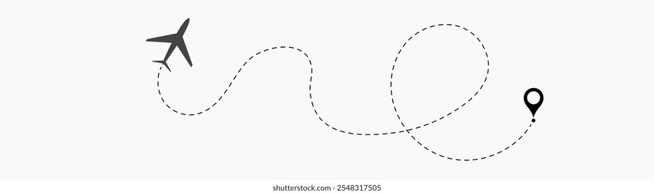 Linha de rota pontilhada do avião. Forma da linha de viagem do caminho. Rota de voo com ponto inicial e linha traço. localização da aeronave em uma ilustração de vetor de caminho pontilhado isolado no fundo branco.