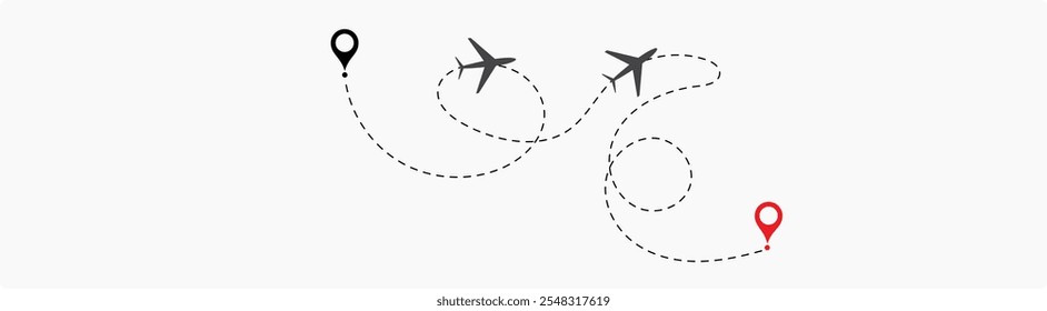 Linha de rota pontilhada do avião. Forma da linha de viagem do caminho. Rota de voo com ponto inicial e linha traço. localização da aeronave em uma ilustração de vetor de caminho pontilhado isolado no fundo branco.