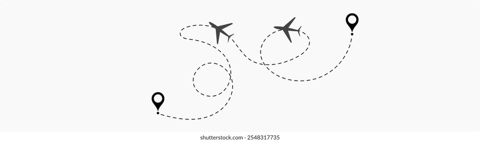 Linha de rota pontilhada do avião. Forma da linha de viagem do caminho. Rota de voo com ponto inicial e linha traço. localização da aeronave em uma ilustração de vetor de caminho pontilhado isolado no fundo branco.