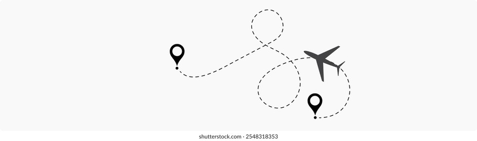 Linha de rota pontilhada do avião. Forma da linha de viagem do caminho. Rota de voo com ponto inicial e linha traço. localização da aeronave em uma ilustração de vetor de caminho pontilhado isolado no fundo branco.