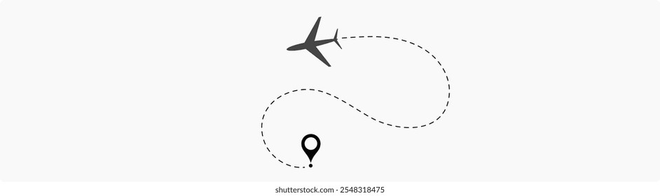 Linha de rota pontilhada do avião. Forma da linha de viagem do caminho. Rota de voo com ponto inicial e linha traço. localização da aeronave em uma ilustração de vetor de caminho pontilhado isolado no fundo branco.