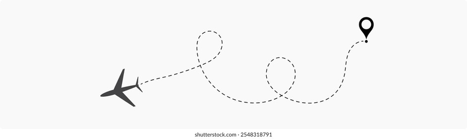 Linha de rota pontilhada do avião. Forma da linha de viagem do caminho. Rota de voo com ponto inicial e linha traço. localização da aeronave em uma ilustração de vetor de caminho pontilhado isolado no fundo branco.