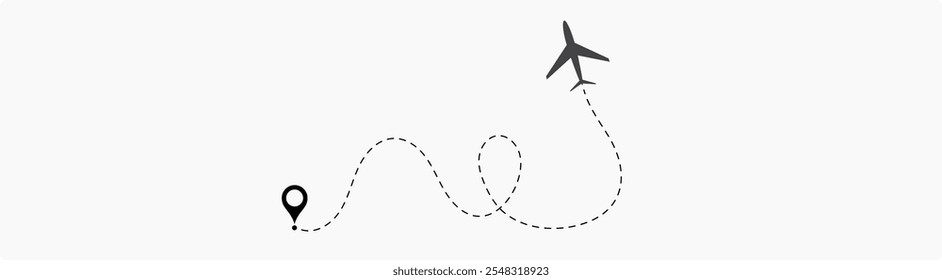 Linha de rota pontilhada do avião. Forma da linha de viagem do caminho. Rota de voo com ponto inicial e linha traço. localização da aeronave em uma ilustração de vetor de caminho pontilhado isolado no fundo branco.