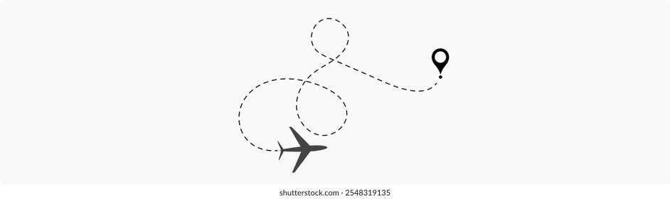 Linha de rota pontilhada do avião. Forma da linha de viagem do caminho. Rota de voo com ponto inicial e linha traço. localização da aeronave em uma ilustração de vetor de caminho pontilhado isolado no fundo branco.