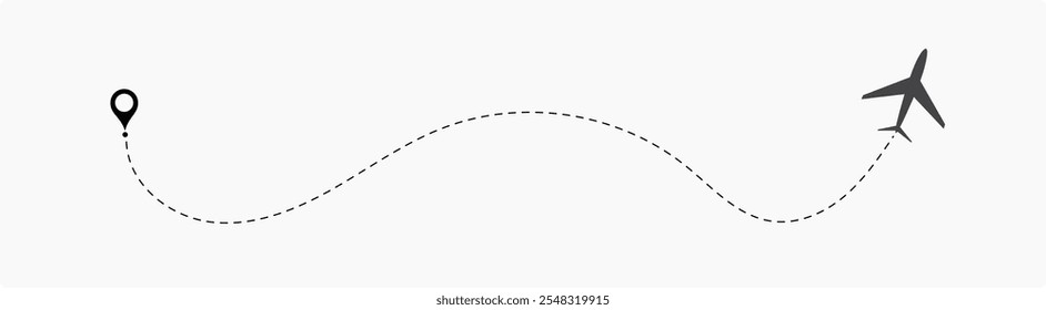 Linha de rota pontilhada do avião. Forma da linha de viagem do caminho. Rota de voo com ponto inicial e linha traço. localização da aeronave em uma ilustração de vetor de caminho pontilhado isolado no fundo branco.