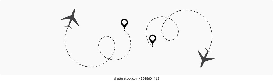 Airplane dotted route line. Path travel line shape. Flight route with start point and dash line. aircraft location tracking in a dotted path vector illustration isolated on white background.